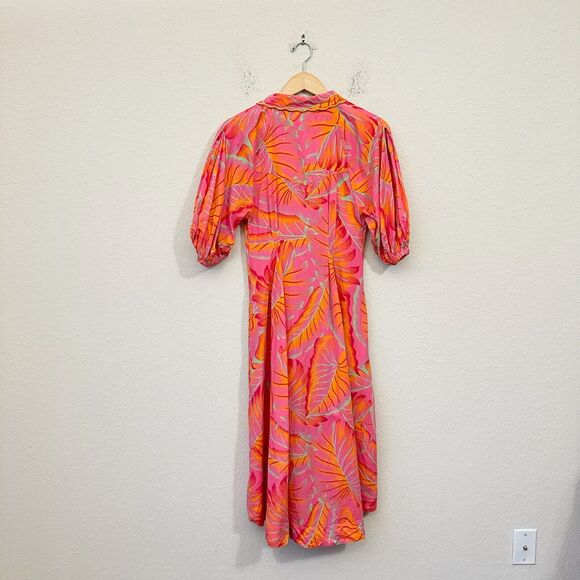 ANTHROPOLOGIE FARM RIO Bright Forest Midi Dress Pink Orange Puff Sleeve - Picture 2 of 16